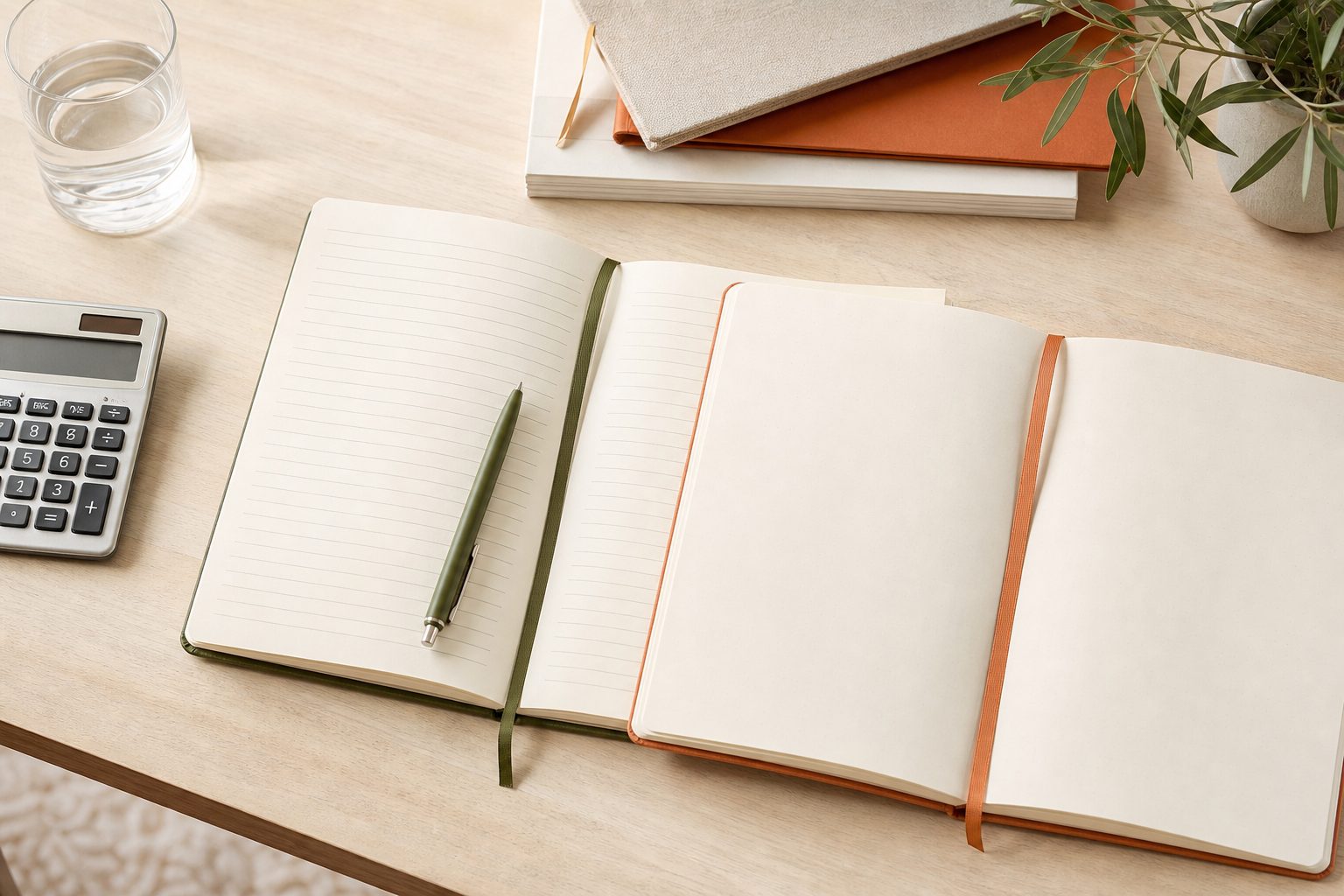 Two notebooks and a calculator side by side on a pale wood table in bright daylight