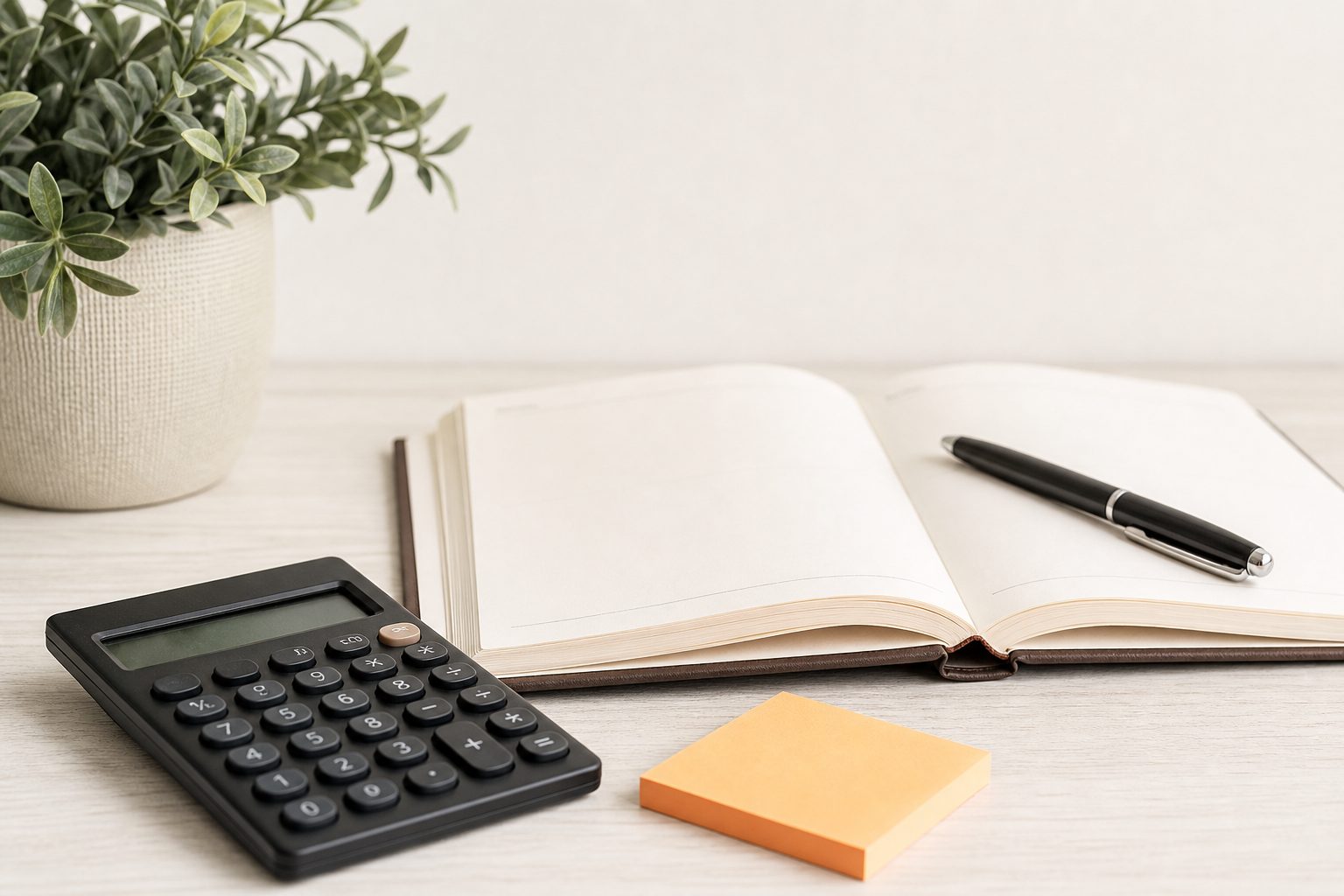 Calculator, pen and open planner on a white oak desk with sticky notes and a plant