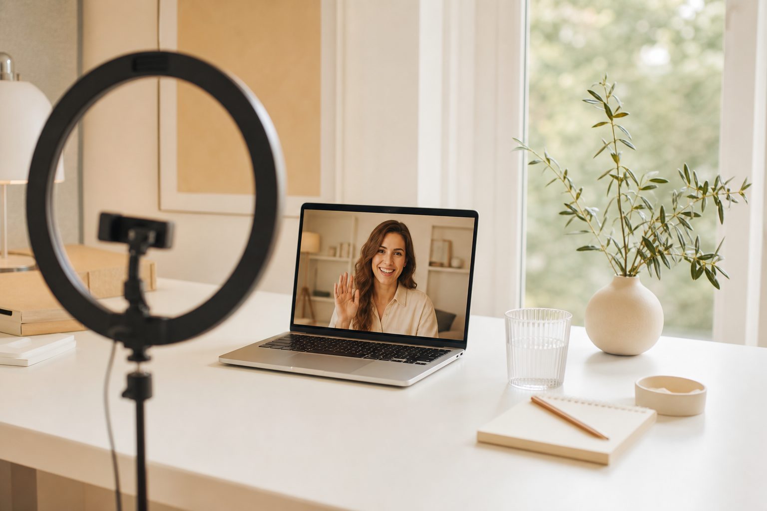 Bright desk video call setup with notepad and water glass beside a sunlit window