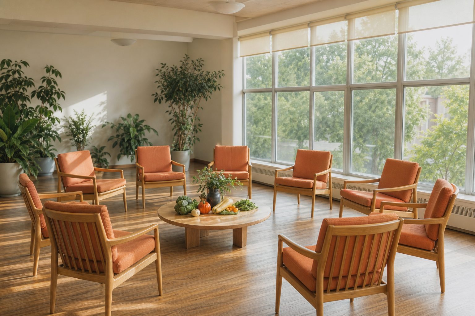 Circle of chairs around a low table of fresh produce in a bright community room