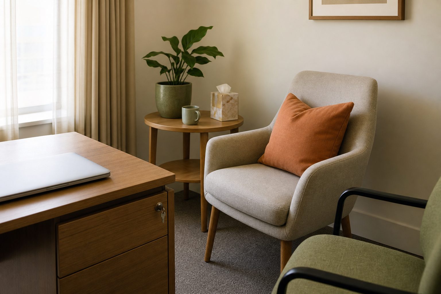 Tidy consulting room corner with closed laptop, filing drawer and linen chair in daylight