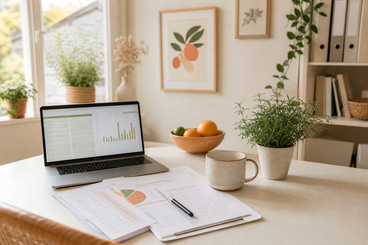 Bright desk with paperwork and a laptop in a dietitian's sunlit private practice office