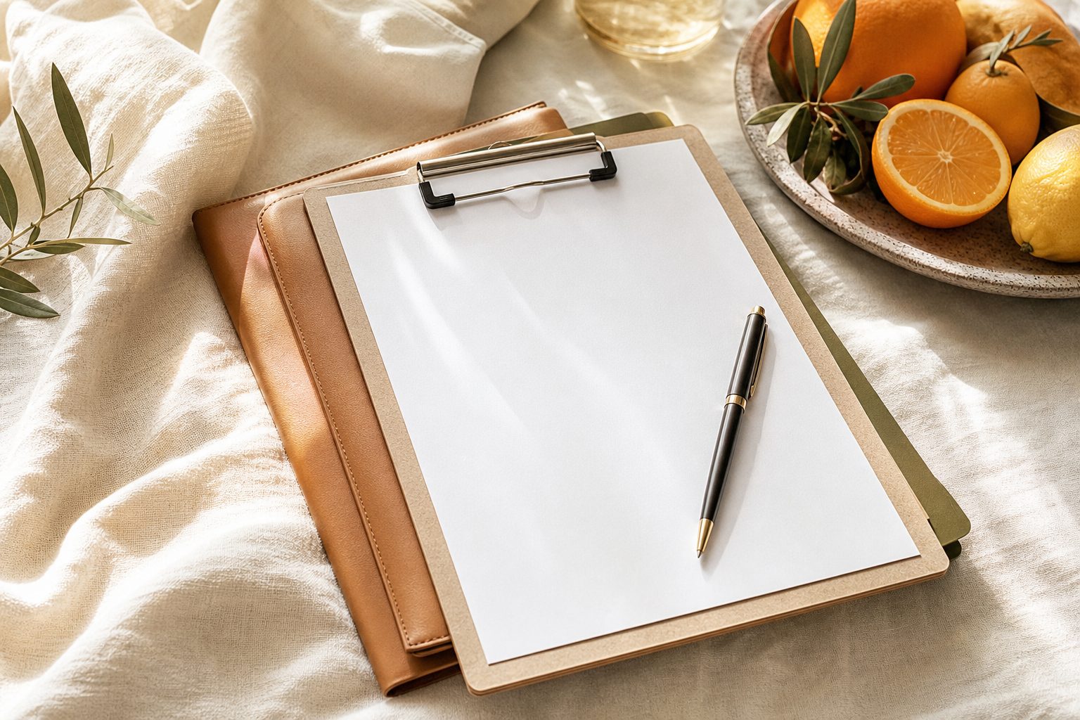 Clipboard with blank forms and a folder on cream linen beside a bowl of citrus