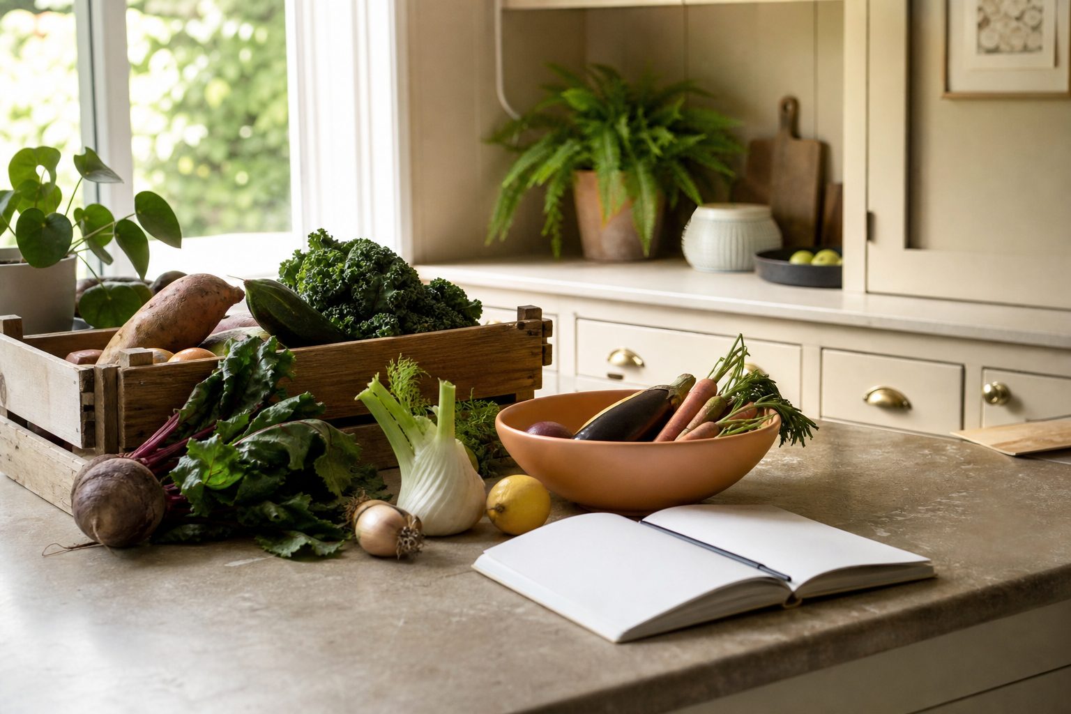 Home kitchen counter with a partly used produce crate, vegetable bowl and open notebook