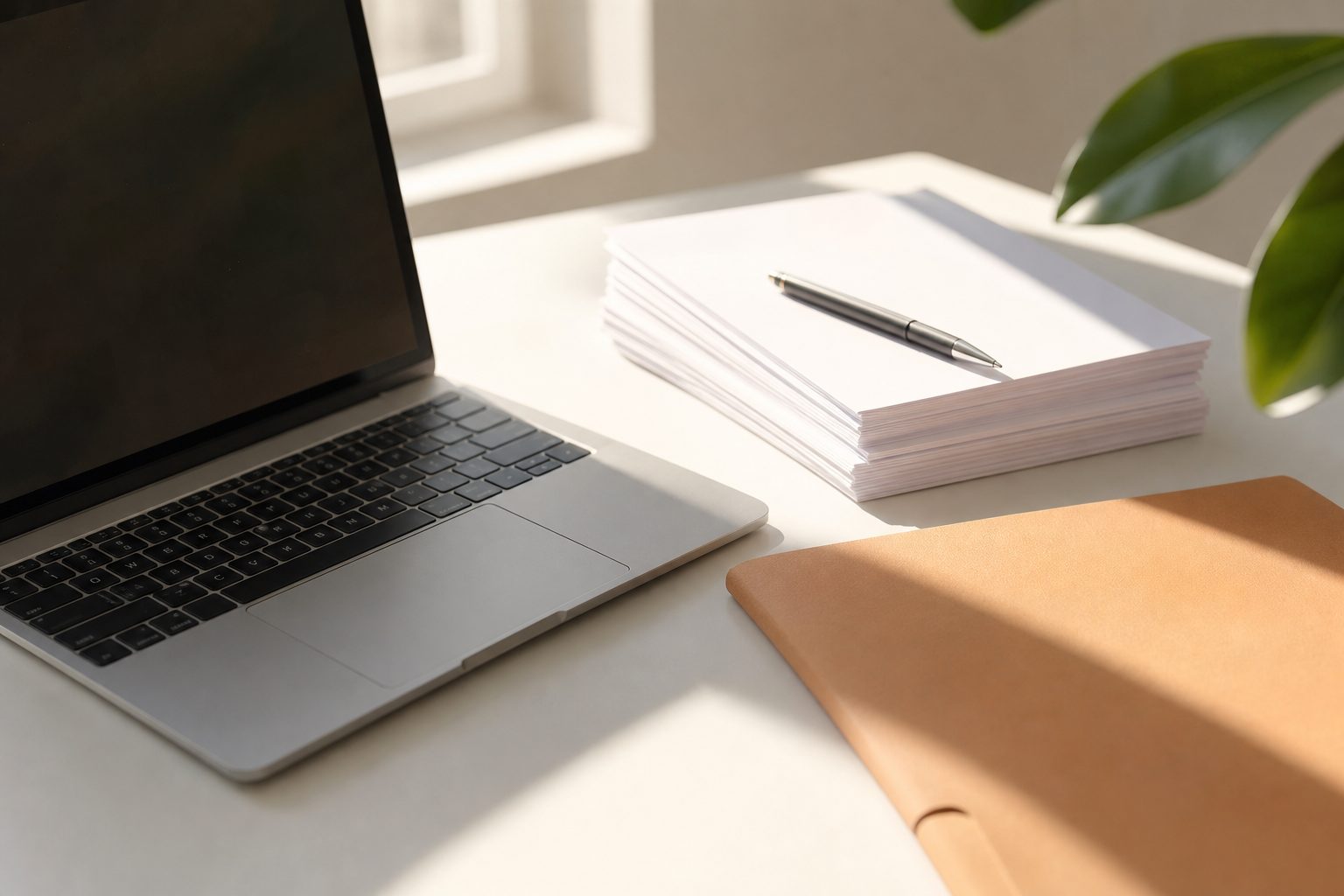Laptop and neat stack of paperwork on a white desk with a plant leaf in morning light