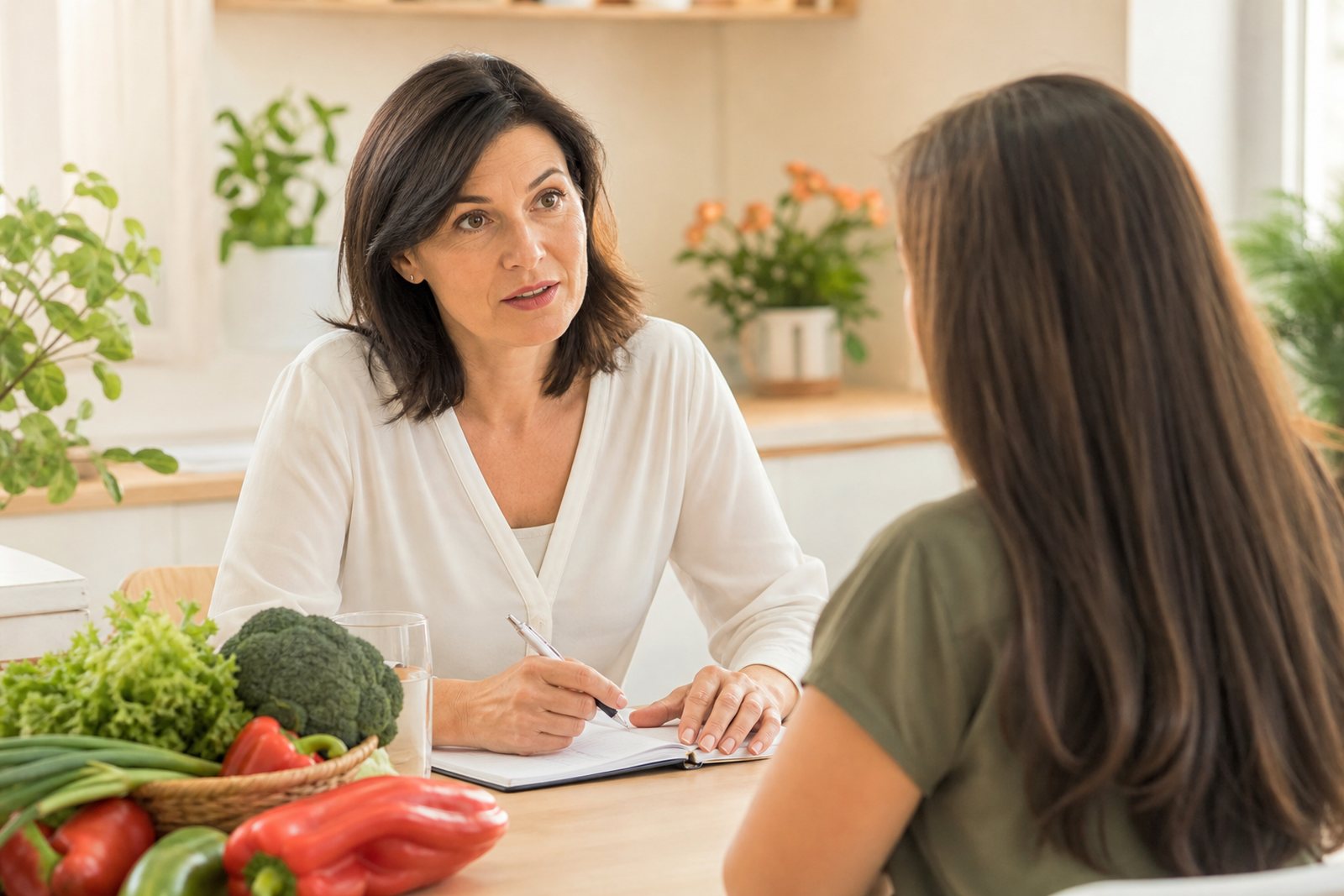 A dietitian and her client talking across a table with fresh vegetables and an open notebook in a bright kitchen consultation room