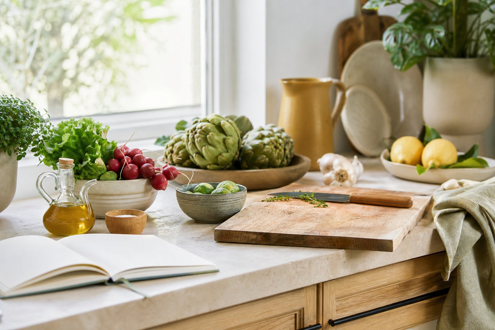 A kitchen counter in daylight with fresh vegetables, a wooden cutting board, a bowl and an open notebook